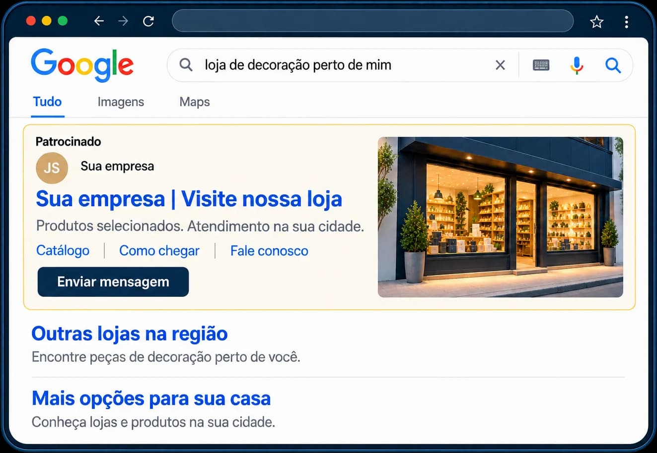 Navegador com a busca do Google mostrando o anúncio patrocinado de uma loja no topo