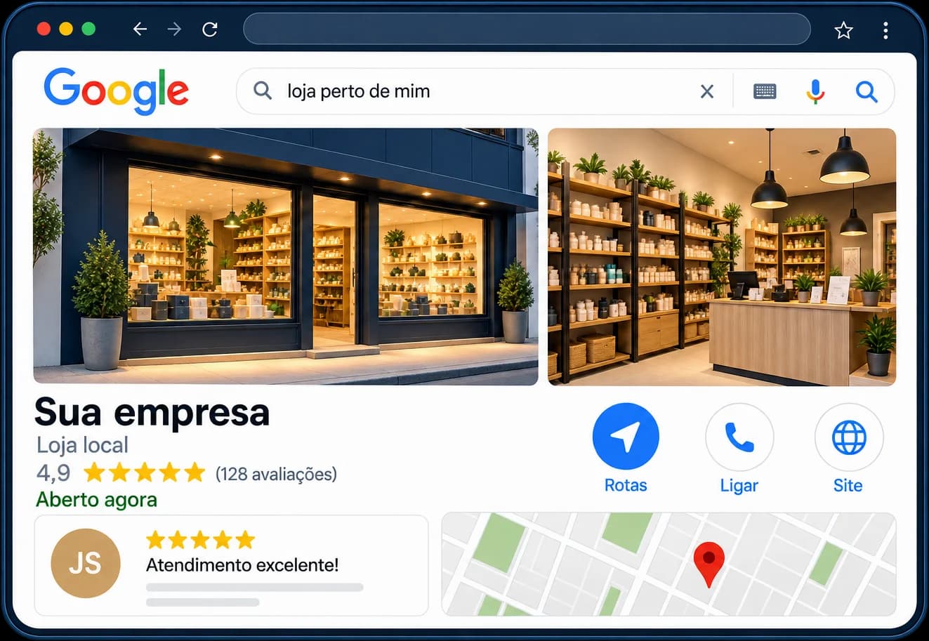 Perfil de uma loja no Google com fotos, nota 4,9, botões de rota, ligar e site, e o mapa