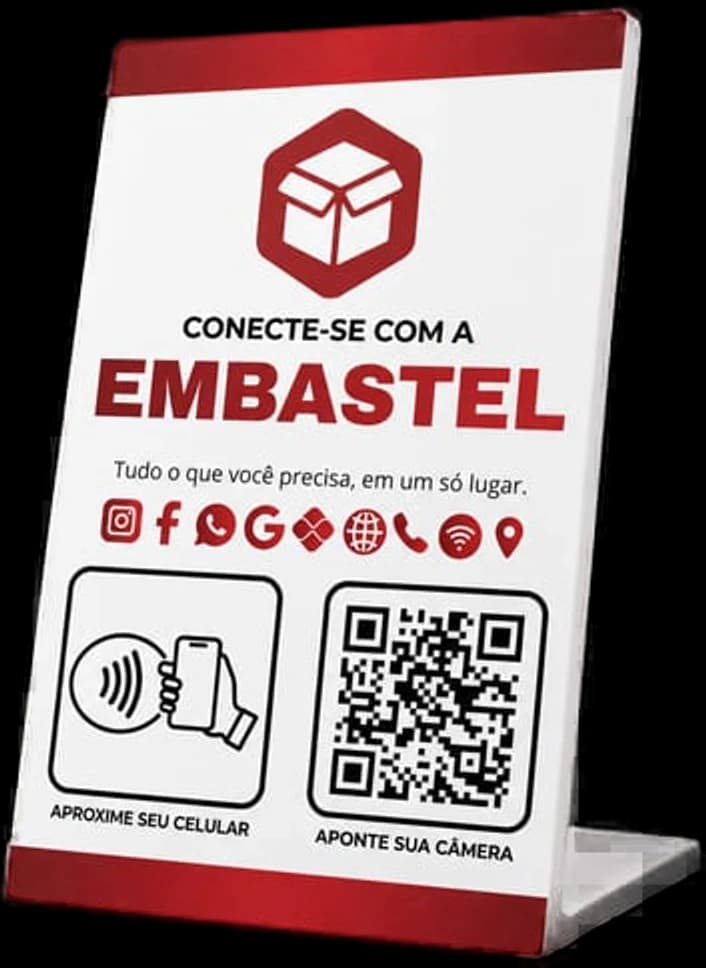 Placa de cartão digital da Embastel Embalagens, com aproximação e QR Code